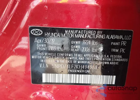 2019 Hyundai Elantra Se z USA, uszkodzony, nr VIN 5NPD74LF2KH494968